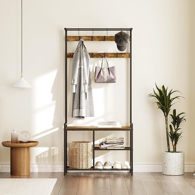 Coat Rack Shoe Bench, 4-in-1 Hall Tree with Storage Shelves and Hanging Rod, Entryway Storage Organizer with 8 Movable Hooks, for Entryway, Hallway, Corridor, Rustic Brown and Black MT12BR