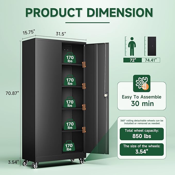 Letaya Metal Garage Storage Cabinets with Lock Door and Adjustable Shelves, Steel Tool Cabinets for Home,Office,Warehouse Organisieren (Black, 75" H)