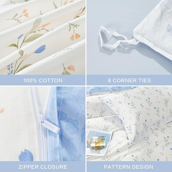 SAPHREAS King Size Blue Floral Duvet Cover Set 3pcs Botanical Flower White Bedding Comforter Cover Set 100% Cotton 1 Duvet Cover 104"x90" 2 Pillow Shams, Comforter Not Included