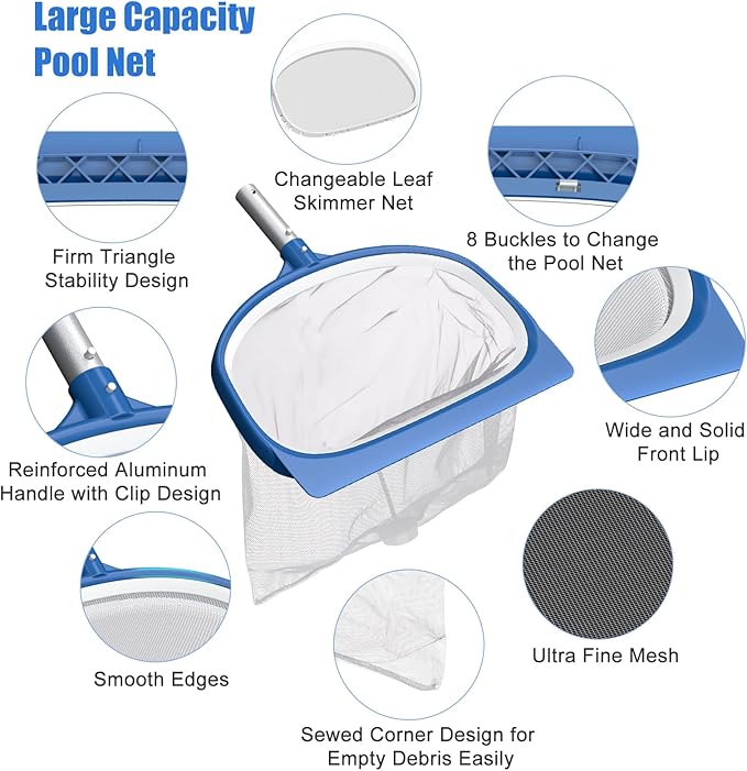 CKE Swimming Pool Cleaning Kit - Telescopic Pole, Rotatable Brush, Fine Mesh Skimmer Net for Inground & Above Ground Pools