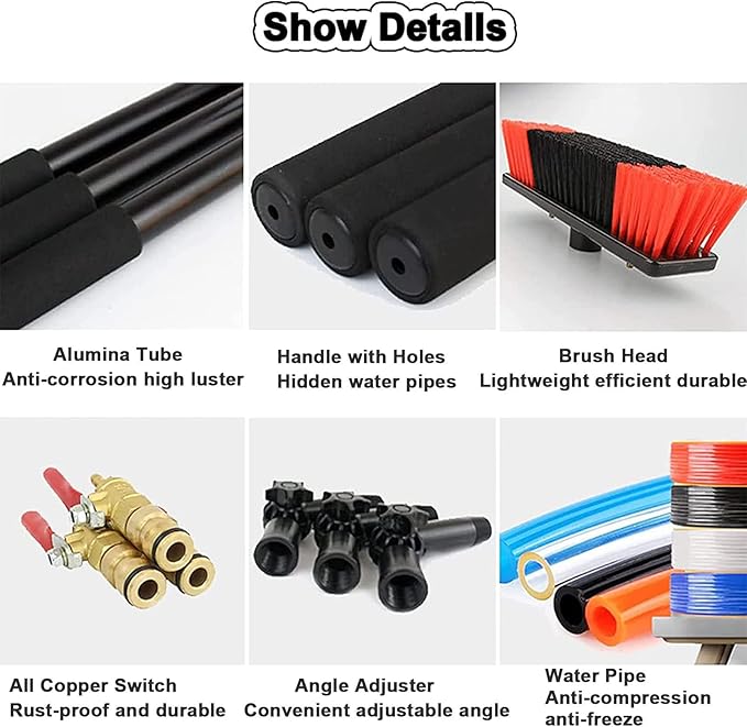 Generic Window Cleaning Pole Cleaner Kit, 3.6M-12M Hose Pole Cleaning Brush Equipment Extendable Outdoor Cleaning Tools Photovoltaic and Solar Panels,55cmbrush-12FT/3.6M