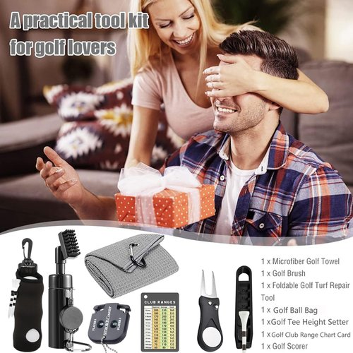 karamagic 7Pcs Golf Accessories Kit, Include Golf Club Cleaner Towel Ball Bag Divot Tool Score Counter Range Chart Card Tee Elevator