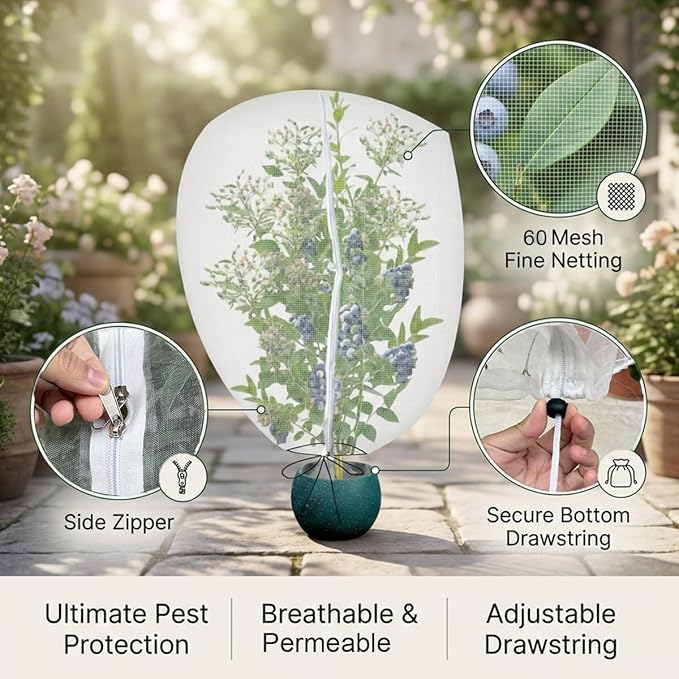 Gardtree 3PCS 2.2 x 3.2 FT Small Garden Plant Netting Covers with Double Zipper & Drawstring – Potted Plant Mesh Cover for Strawberries, Herbs & Flowers – Reusable Anti-Squirrel Barrier