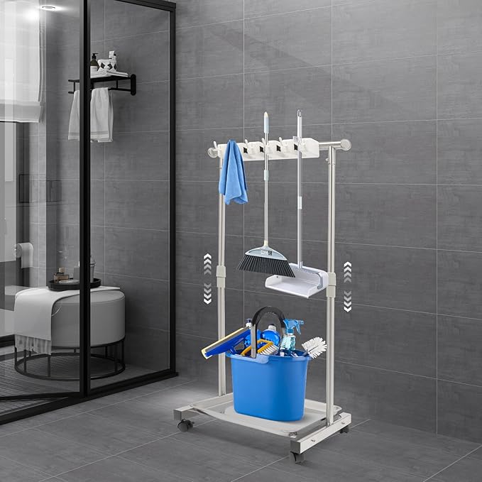 Broom Holder Organizer Movable Closet Storage Cabinet Mop Rack, Floor Standing Cleaning Supplies Tool Cart For Garage, Schools, Hotels, Hospitals, Factories, Restaurant(6 Hook & 5 Slots)