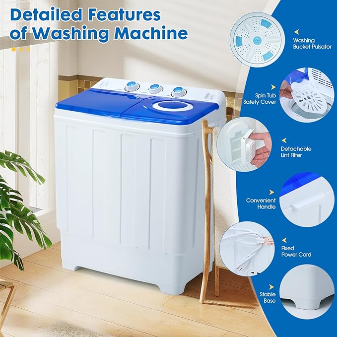 Portable Washing Machine Twin Tub - 28lbs Compact Washer(18lbs) and Dryer(10lbs) Combo with Drain Pump - Mini Laundry Machine for Apartments, Dorms, RVs, and Camping - Blue