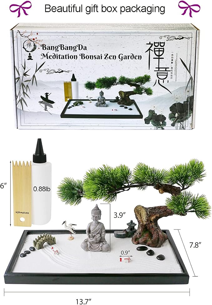 BangBangDa Japanese Zen Garden Kit for Desk - Meditation Rock Sand Garden for Birthday Gift Office Home Desktop Relaxation Decor Bamboo Rakes Bonsai Tree Pagoda Accessories Tools Kits