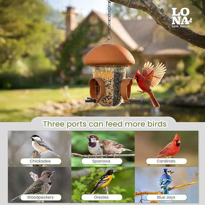 LONA Bird Feeders for Outdoors Hanging – 3 Separate Compartments, 3 Feeding Ports, Weatherproof Dome & 3 Ways to Hang, Large Capacity for Cardinals/Finches (Brown