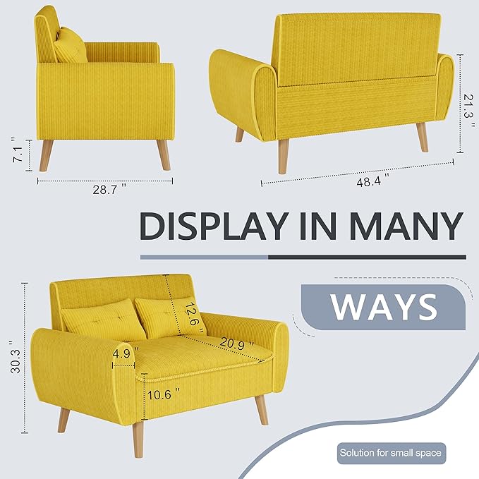 Shintenchi 47" Small Modern Loveseat Couch Sofa, Fabric Upholstered 2-Seat Sofa, Love Seat Furniture with 2 Pillows, Wood Leg for Small Space, Living Room, Bedroom, Apartment, Yellow