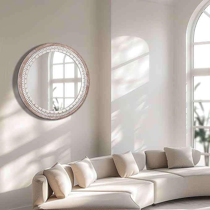 Reflinto 30 Inch Rustic Farmhouse Round Wood Mirror Wall Decor, Boho Circle