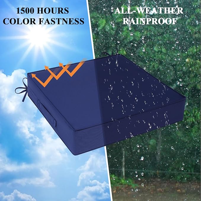 Outdoor Chair Cushions 22x22x4 Inch, Waterproof Blue Patio Furniture Cushions Set of 2 with Ties & Handle, 3 Year Color Fastness Square Replacement Seat Cushions for Sofa, Couch