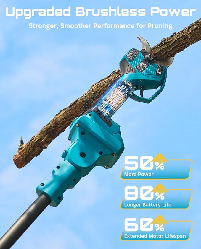 SEESII 2-in-1 Pole Pruning Shears: 2.2" Cutting Diameter Cordless Electric Pole Pruners, 2*4000mAh Batteries, Brushless Motor, Extra SK5 Blade, 4 Mode Adjustable Garden Shears for Tree Flower Trimming