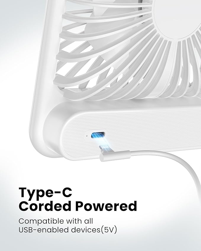 Koonie USB Desk Fan, Strong Wind Ultra Quiet Small Personal Fan with 180° Tilt Folding and 3 Speeds Adjustable, USB-C Corded Powered Mini USB Fan for Office Desktop Bedroom White, NO BATTERY