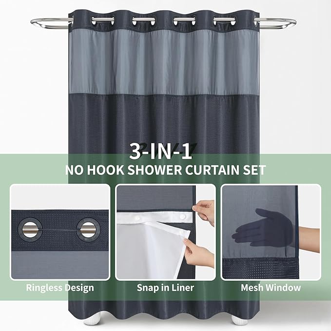 Navy No Hook Shower Curtain with Snap-in Fabric Liner Set,Waffle Weave Shower Curtains for Bathroom,Hotel Luxury Decor Bathroom Curtain Set,Waterproof & Washable,71Wx74H