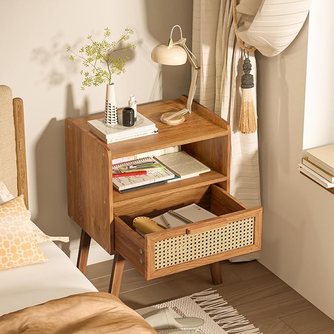 Lerliuo Rattan Nightstands Set of 2, Side Table with Drawer, Cane Accent Bedside End Table with Solid Wood Legs, Mid Century Modern Night Stand for Bedroom, Dorm and Small Spaces (Tea Brown)