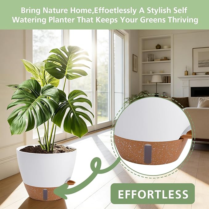 Self Watering Planters Set with Water Level Indicator, 12" 10" 9" 8" Large Plastic Flower Pots with Mesh Drainage Hole and Removable Saucer Reservoir for Indoor Outdoor Plants (White)