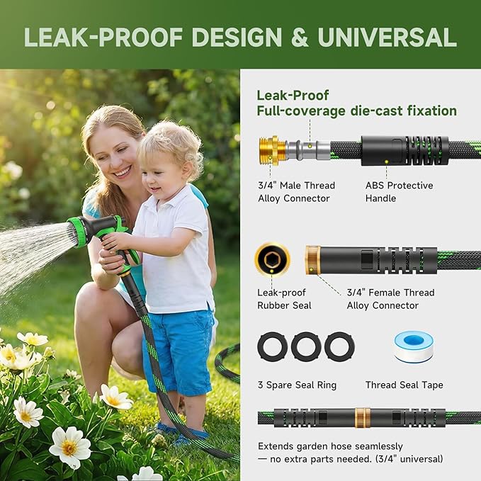 Non-Expandable Garden Hose 50 FT, Heavy-Duty & Flexible Water Hose with 10-Function Nozzle, Kink-Free & Leak-Proof Design, Ultra Lightweight Portable Yard Hose for Lawn, Car, Outdoor Use