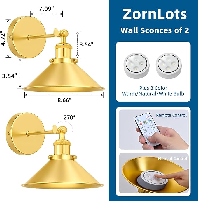 Gold Battery Operated Wall Sconce Set of 2, Vintage Wireless Wall Sconces