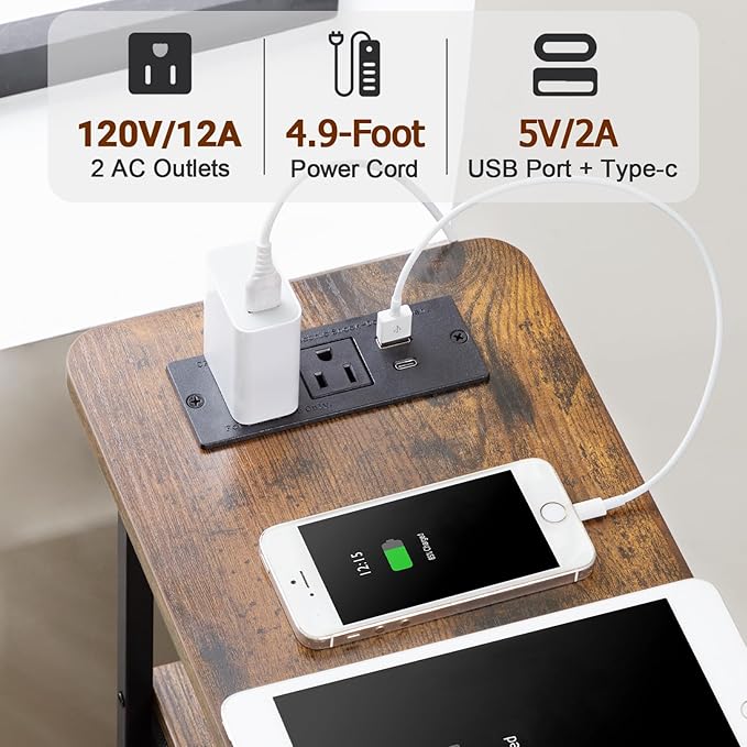 Narrow Nightstand with Charging Station, End Tables Living Room Set of 2, Skinny Side Table with Fabric Drawers, Small Sofa Table with LED Light for Bedroom, Brown, HETNDP02LBR