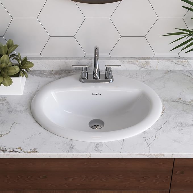 DeerValley 20x17 Inch Oval Ceramic Drop-in Bathroom Sink, White Vessel Sink with Overflow and Three Faucet Holes at 1.25-inch Centers, Modern Art Basin, DV-1DS0120