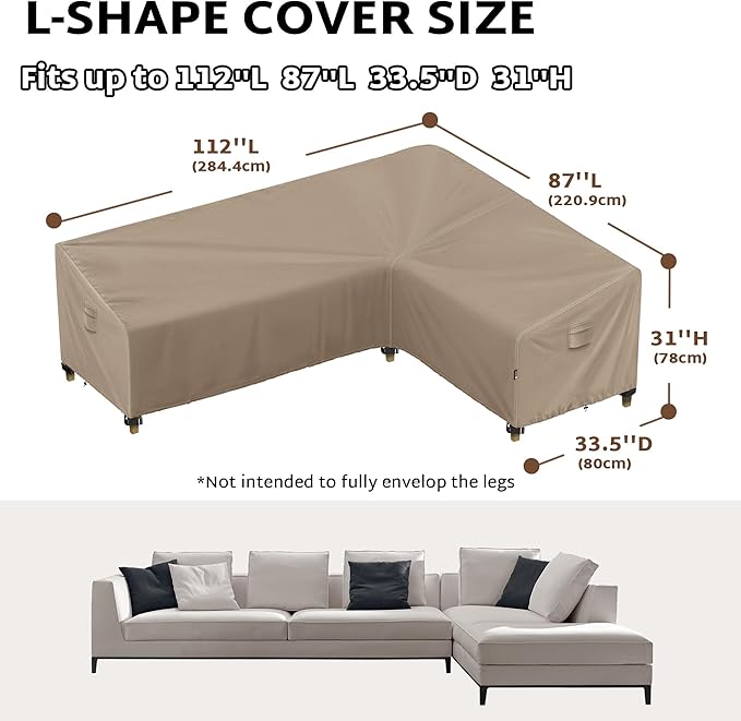 iBirdie Outdoor Patio Furniture Cover fit 112" x 87", 110" x 85", 108" x 84" L-Shaped Sectional Sofa, Waterproof Weatherproof Heavy Duty 600D Garden Cover for Outside L Shape Couch, Brown