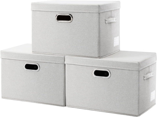 PRANDOM Collapsible Storage Bin with Lid [3-Pack] Fabric Foldable Storage Box Organizer Container Basket Cube with Cover for Home Bedroom Closet Office Beige(15.3x10x9.7)