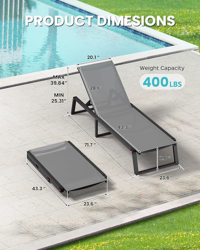 Aluminum Chaise Lounge Chair Outdoor, Foldable& No Assembly Patio Pool Lounge Chairs 5-Position Recliner for Outside, Fully Grounded Legs Sun Lounger for Poolside, Dark Grey, 2 Pack