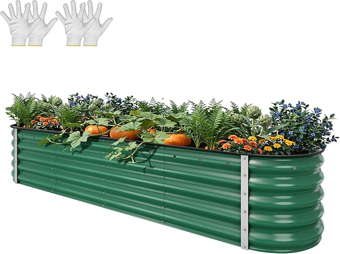 YITAHOME 8x2x1.5ft Large Raised Garden Bed Kit, 17" Tall 9 in 1 Galvanized Metal Planter Box with Gloves & Safety Rubber, Outdoor Above Ground Planters for Plants Vegetables Flowers, Green