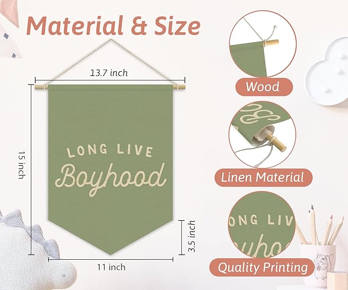 Long Live BoyHood Banner Sage Green Decor Boy Room Decor,Nursery Playroom Wall Decor For Boys Bedroom Toddler Decorations Teen Boy Room Decor,Wall Hanging Pennant Flag Banner 15x11in