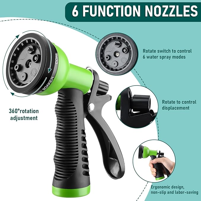 Pangda 50 Ft x 3/8'' Coil Garden Hose EVA Recoil Garden Self Coiling Expanding Water Hose with 6 Function Spray Nozzle Universal 3/4'' Brass Connector Fitting for Outdoor Yard(Green)
