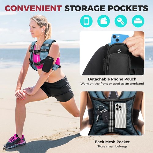 BAGAIL Weighted Vest, 5lbs/10lbs/12lbs/15lbs/20lbs/25lbs/30lbs Weight Vest with Detachable Phone Pouch, Rucking Vest for Women, Men, Walking, Weight Loss, Training, Running