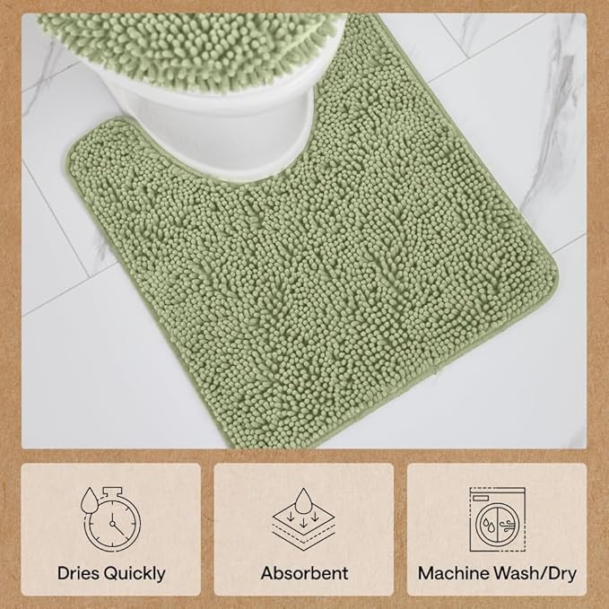 GORILLA GRIP Plush Absorbent Shaggy Chenille Bath Rug Mat for Square Toilet Base with Rubber Backing, Machine Washable Rugs, Soft Microfiber Contour Mats for Toilets, Bathroom Decor, Sage