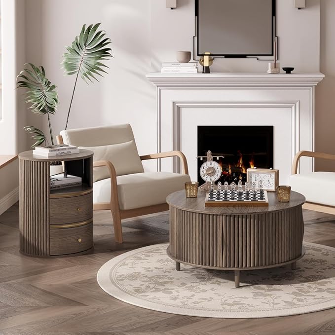Round Coffee Table and End Table Set,31.5" Mid Century Modern Living Room Furniture, Walnut Fluted Center Table with Storage & Matching Side Table for Small Space