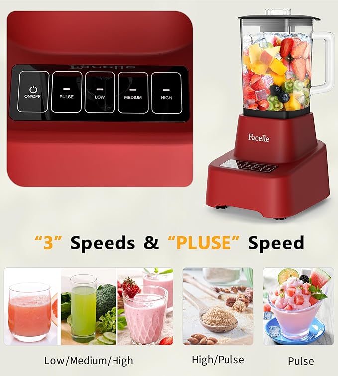 Red Smoothie Blender, Facelle Countertop Blender for Kitchen, 55 oz Glass blender for smoothies and Shakes, Licuadora, Smoothie maker with touchscreen 3+P Speeds, Cleaning brush ＆ removable SS blade
