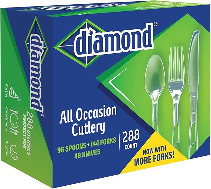 Diamond® Premium Clear Plastic Cutlery Set – 288 Count (144 Forks, 96 Spoons, 48 Knives), Disposable Full-Size Utensils, Party & Everyday Use