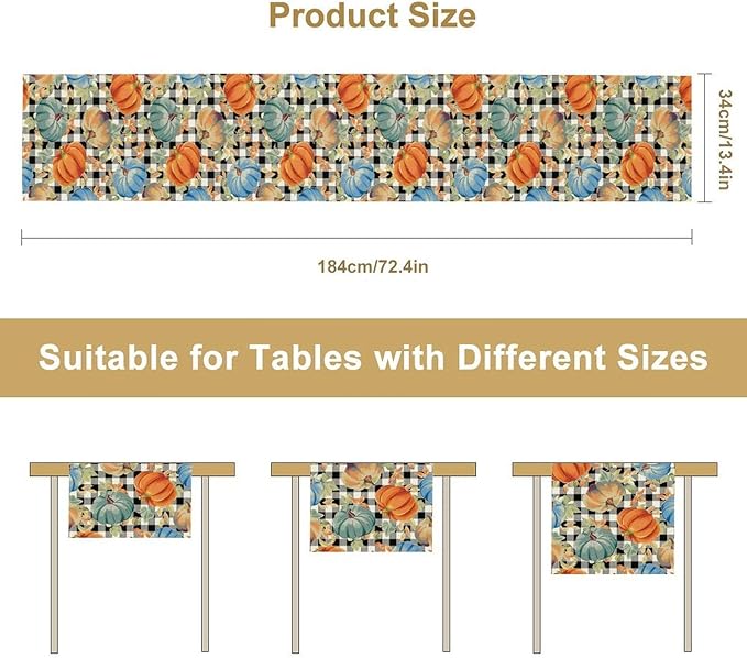 Fall Pumpkin Table Runner Black White Plaid Maple Leaves Watercolor Illustration Rustic Thanksgiving Home Decor for Farmhouse Indoor Outdoor Party Holiday Dining Kitchen Restaurant Cafe W13xL90in