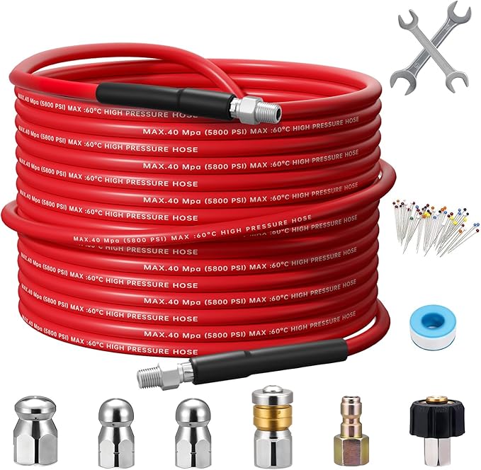 50 FT Sewer Jetter Kit for Pressure Washer,Water Jet Drain Cleaning Hose with Corner Rotating Button Spring Nose 1/4" NPT Sewer Cleaning Tool High-Pressure Nozzles,5800 PSI