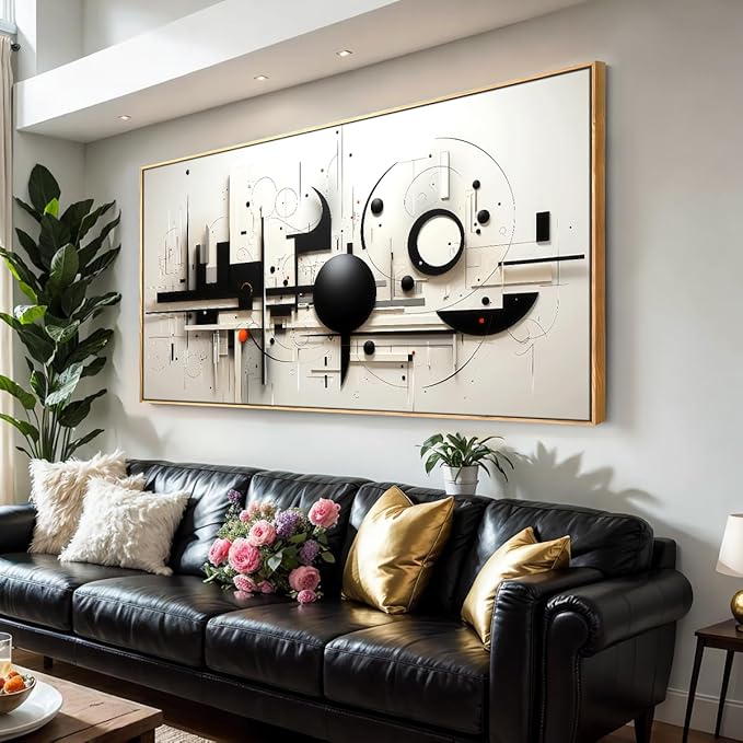 Abstract Wall Art Black and White Modern Artwork Geometric Line Art Canvas Painting Wall Decor for Living Room Bedroom Dining Room Home Office Decor 20"x40" with Framed…