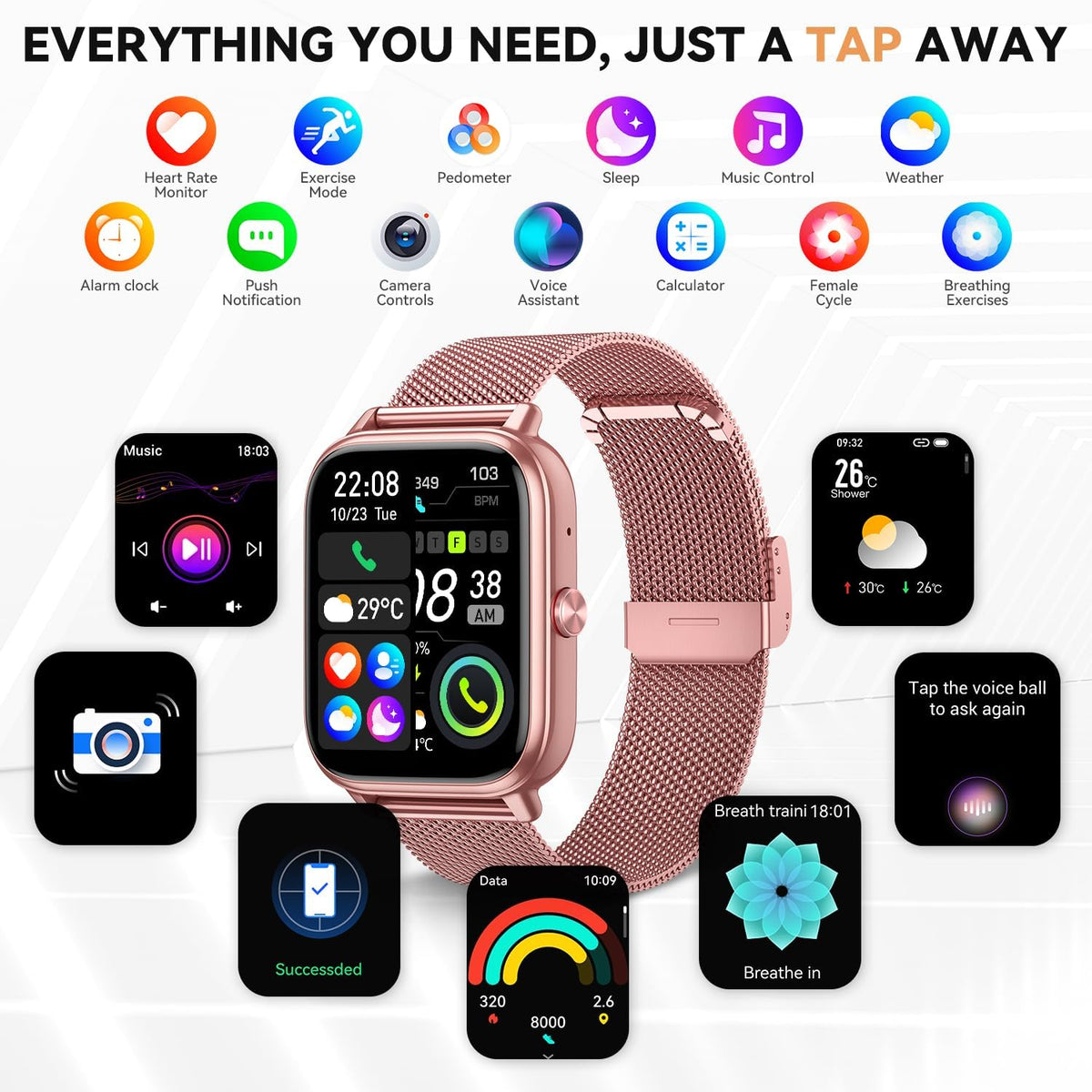 Skiennix Smart Watch | 1000mAh Battery, Call Function & Fitness Tracker | Pink, 3 Straps, iOS/Android Compatible