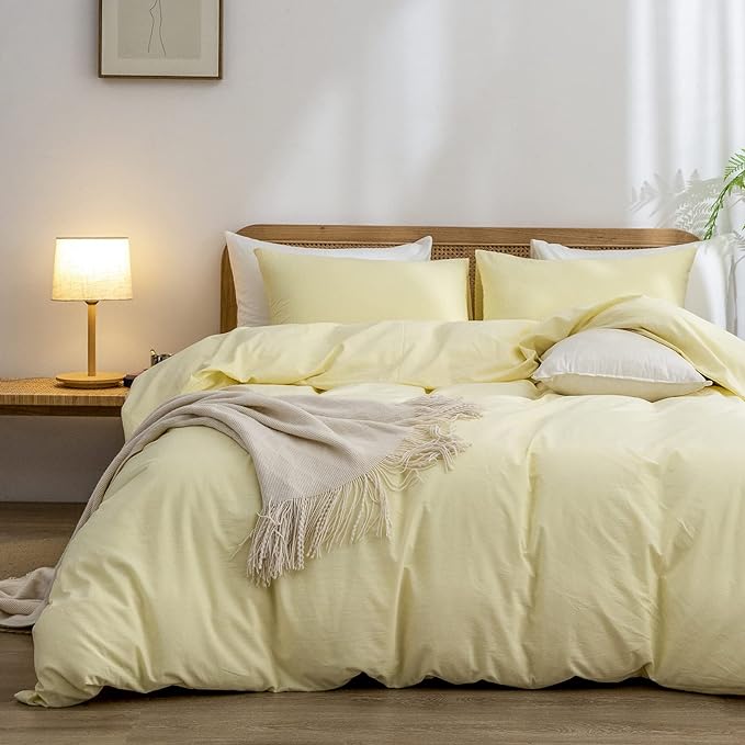 BESTOUCH Duvet Cover Set 100% Washed Cotton Linen Feel Super Soft Comfortable Chic Lightweight 3 PCs Home Bedding Set Solid Light Yellow Queen