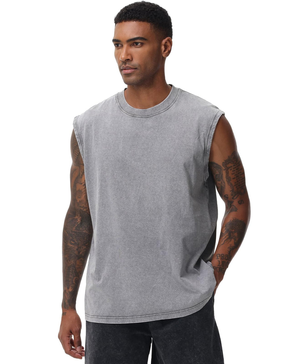 SnowElve 4 Pack Mens Workout Tank Tops Sleeveless Tee Shirts Men Muscle Shirt Gym Acid Wash T Shirts Running Beach Loose Fit Tee(BKGYCFBG,3XL)