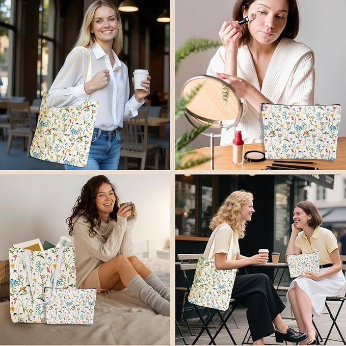 Flower Plant Lover Gifts for Women Canvas Tote Bag with Makeup Bag Cosmetic Bags Grocery Bags for Shopping Christmas