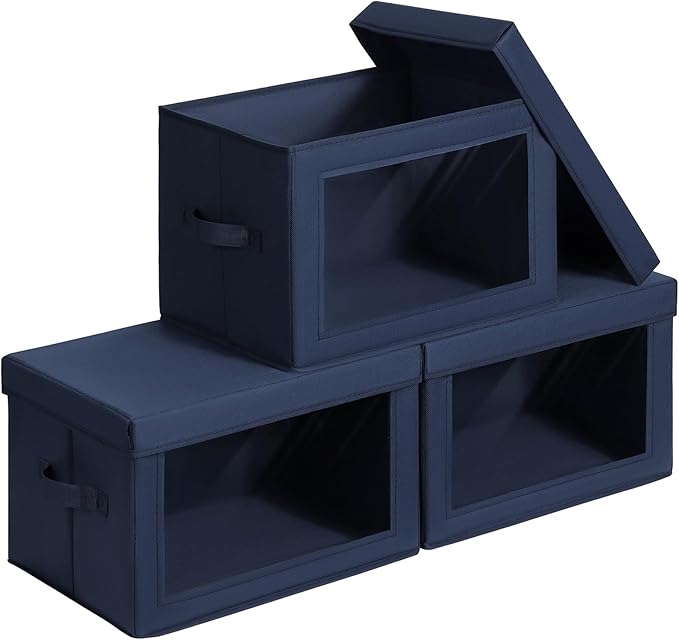 Stackable Storage Bins with Lids - Large Storage Box with Lids, Foldable Closet Boxes for Organizing, Wardrobe Clothes Organizer with Window, Cubes Bins for Living Room, 3 Pack, Navy Blue