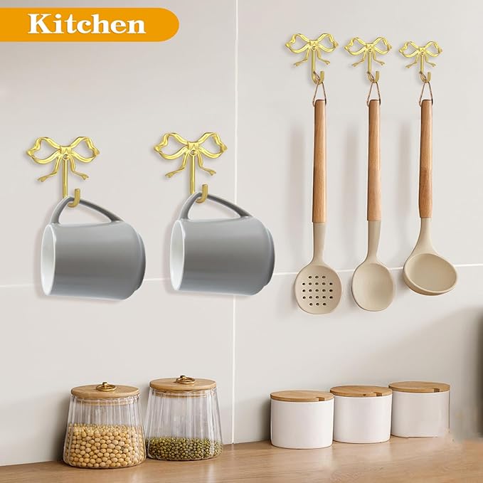 2Pcs Large Size Gold Bow Wall Hook, Metal Hook, Bow Room Decor Hooks