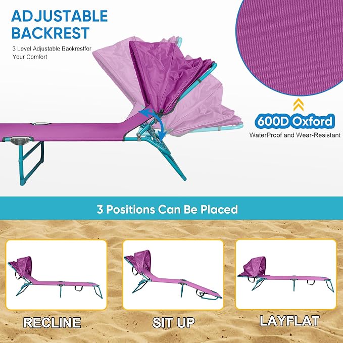 Northroad 2 Pack Beach Lounge Chair with Canopy Shade, Adjustable 4 Position Foldable Tanning Chair, Outdoor Heavy Duty Chaise Lounge Chair, for Poolside Patio Sunbathing Lawn, UPF 50+, Purple