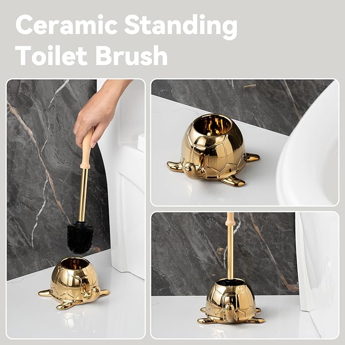 Turtle Base Toilet Brush Set - Gold Ceramic Toilet Scrubber Brush 7.5” Bowl Cleaner with Ergonomic Handle, Mini Cute Bathroom Cleaning Brush - Bathroom Decor