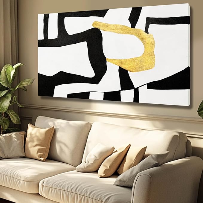 NBAODAN Black and White Wall Art Abstract Wall Decor Geometric Canvas Poster Large Wall Painting 24"x48" Gold Pictures for Office Dining Room Bedroom