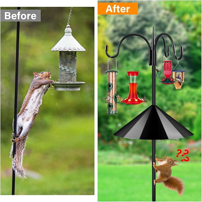 FEED GARDEN Heavy Duty Shepherds Hook Squirrel-Proof Bird Feeder Pole 92" Triple Hooks 5-Prong Base & 19" Baffle for Outdoor Feeders & Plants
