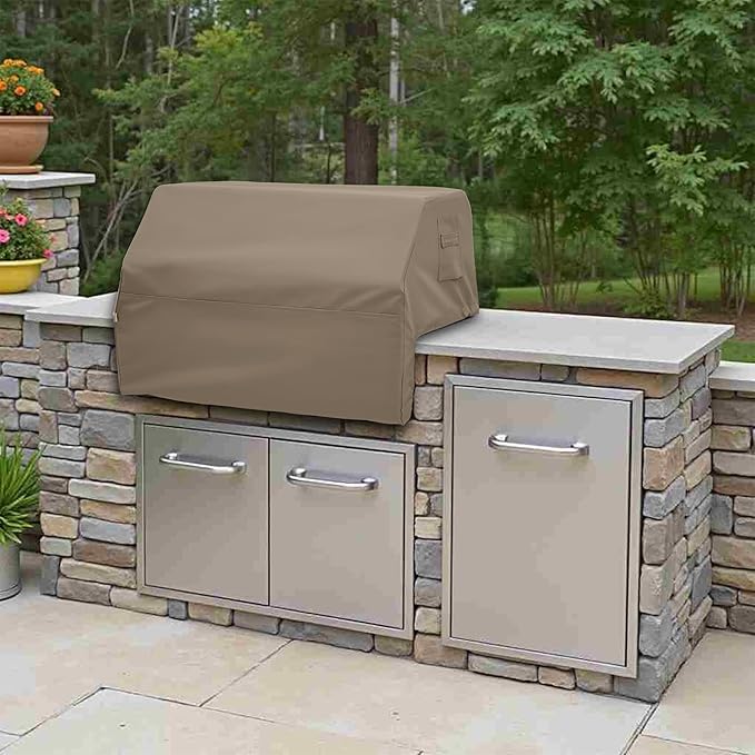 Covers & All Built-in Grill Cover for Outdoor Grill – Heavy Duty 12 oz Waterproof Built-in BBQ Grill Cover, PVC-Coated Polyester with Elastic Hem for Snug Fit (28 x 24 x 26 inches, Beige)