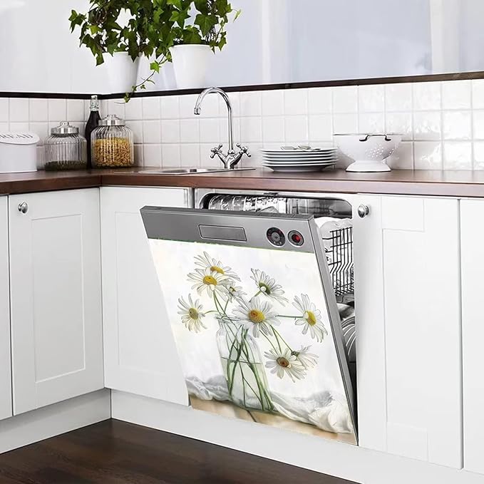 Generic Blooming Daisies Dishwasher Magnet Cover, White Flowers Magnetic Sticker for Fridge Washing Machine Cabinets, Country Floral Dishwasher Door Panel Decal Kitchen Decorative, Reusable, 23Wx26H