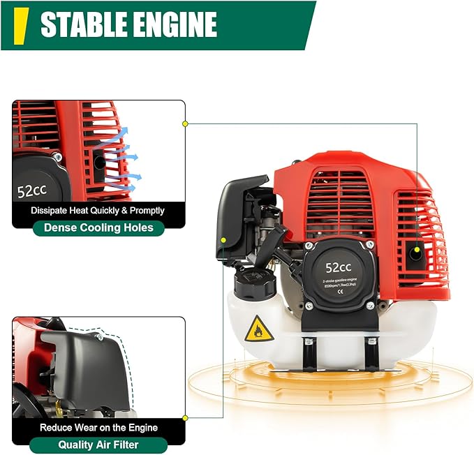 52CC 2.3HP Outdoor Hand Held Gas Power Broom 2-Stroke Gasoline Power Broom Walk Behind Sweeper Cleaning Driveway Tools High Performance Cleaner (1.7kw)